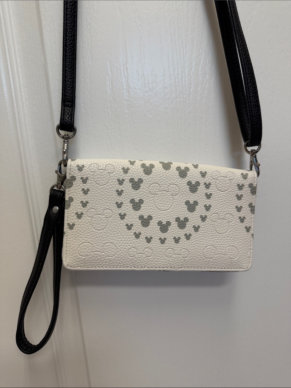 White Crossbody Wallet with Black Strap and Gray Print
